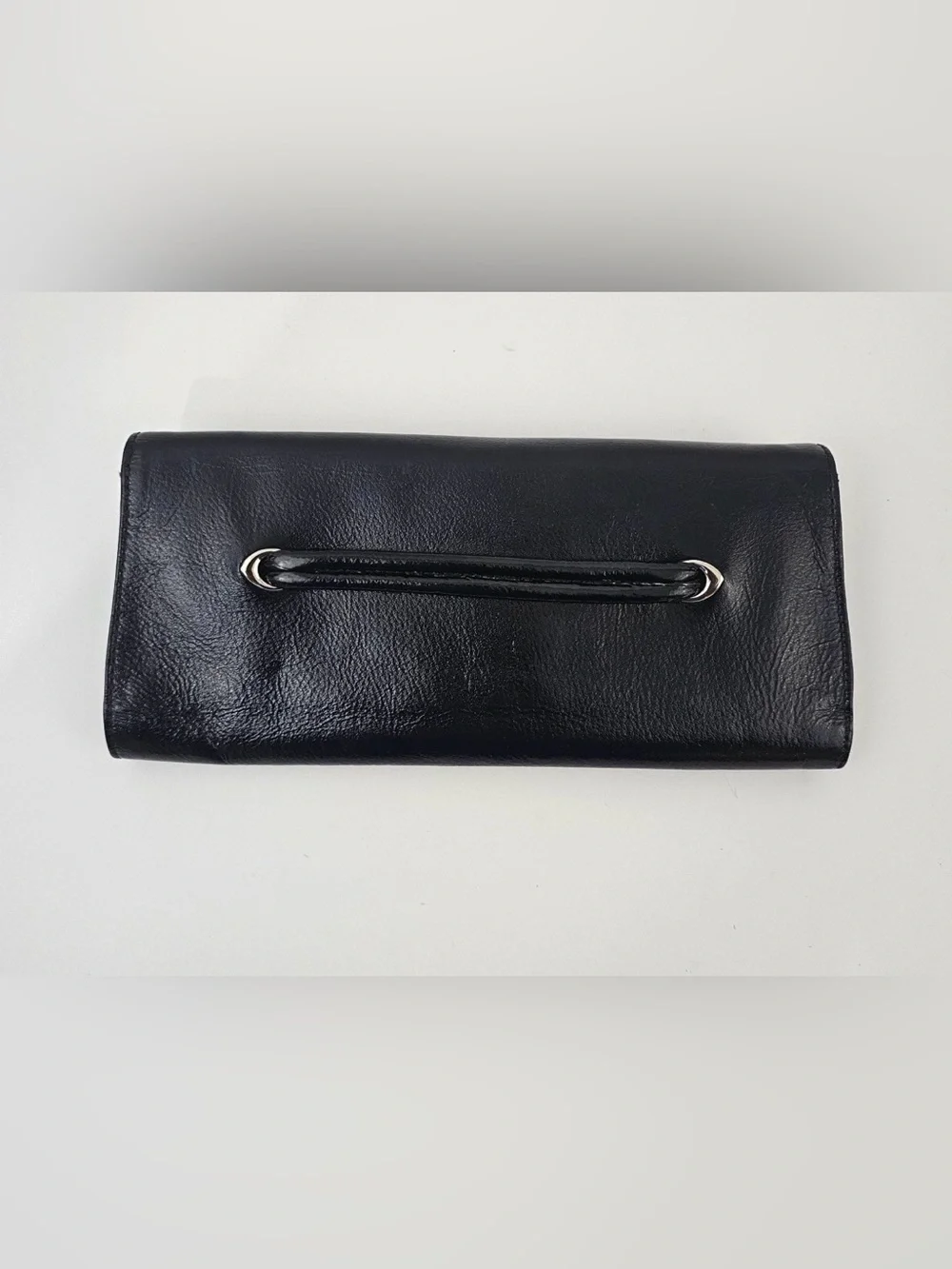HOBO International Black Leather Foldover Clutch with Snap Accent